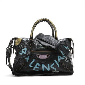 Balenciaga Graffiti City Leather Handbag Black Mirror